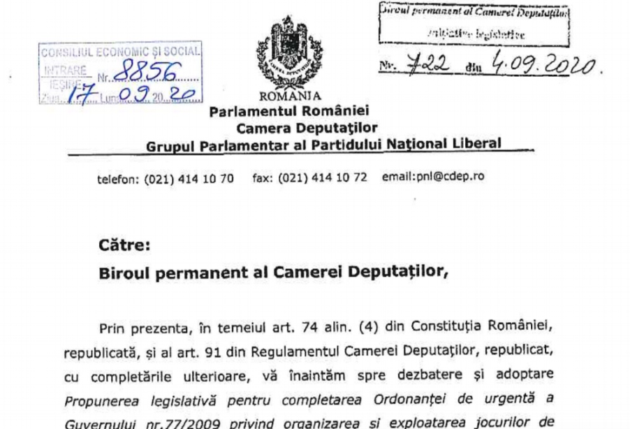 Propunere legislativă privind organizarea și exploatarea jocurilor de noroc Propunere legislativă